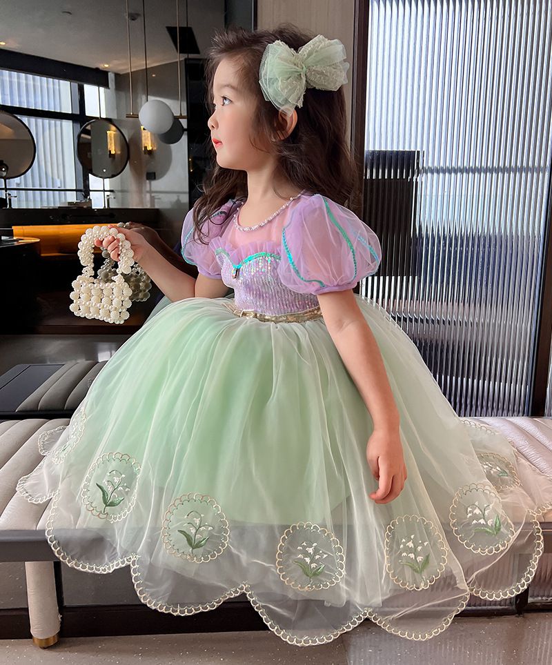 公主風亮晶晶短袖連身裙-美人魚配色-果綠+紫