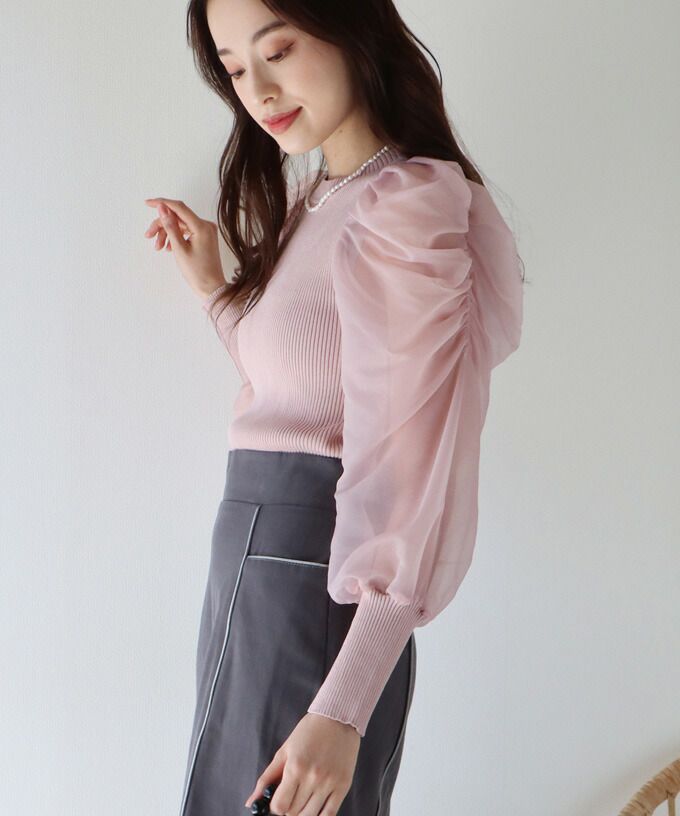 日本 BLUE EAST - 氣質薄紗抓皺長袖上衣-灰