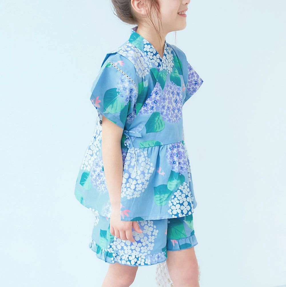 100%棉 可愛荷葉甚平套裝-粉彩繡球花-藍綠