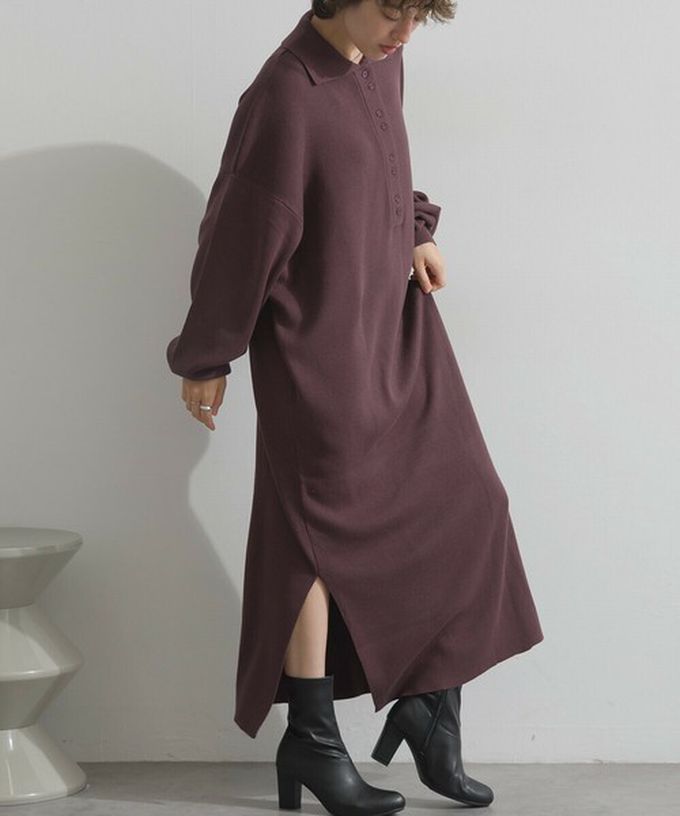 日本 Lupilien - 氣質排扣polo衫針織長袖洋裝-海軍藍