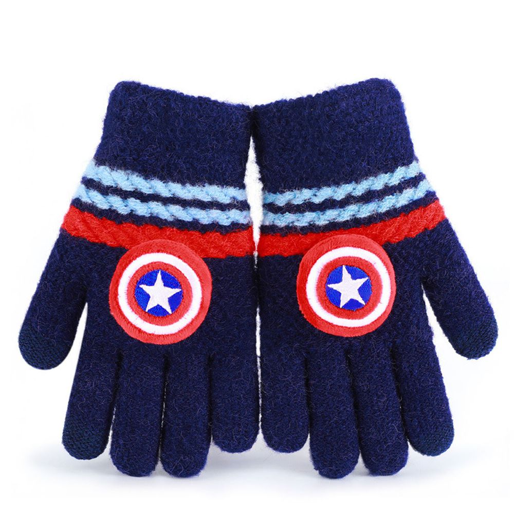編媽推薦 - 迪士尼卡通五指保暖手套-橫條紋美國隊長-深藍色 (5-10歲)