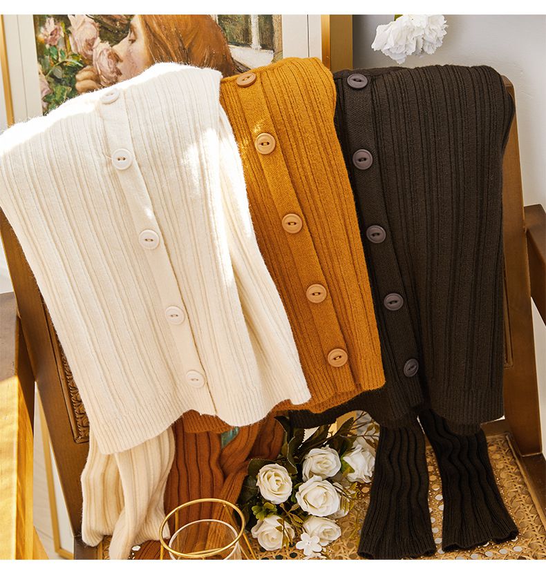 V領綁帶坑條長袖針織上衣-咖啡色