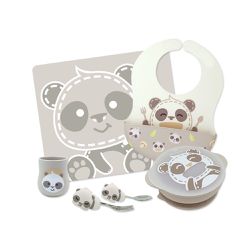 MARCUS＆MARCUS - 幼兒學習餐具豪華5件組-貓熊款(圍兜+手握叉匙+吸盤碗含蓋+訓練杯+餐墊)