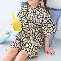 日本 devirock - 期間限定！夏日風情甚平套裝-花朵-黑