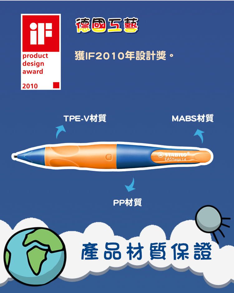 STABILO思筆樂 - EASYergo 3.15胖胖鉛自動鉛筆(淺藍/深藍色)-右手用-內含磨芯器*1個+筆芯*1盒