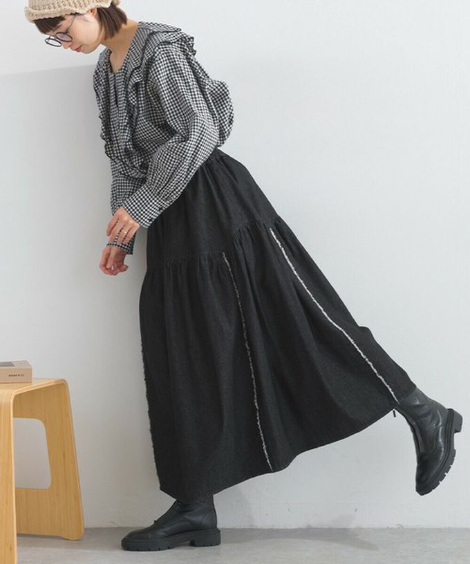 日本 Lupilien - 厚磅立體感線條澎澎長裙(附口袋)-海軍藍丹寧