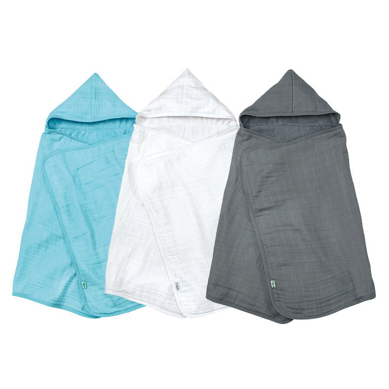 美國 green sprouts - 小綠芽有機棉細紗布連帽浴巾/包巾-藍