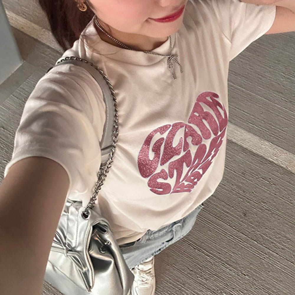 閃耀亮片愛心印花短袖T恤-白x粉紅 (F)