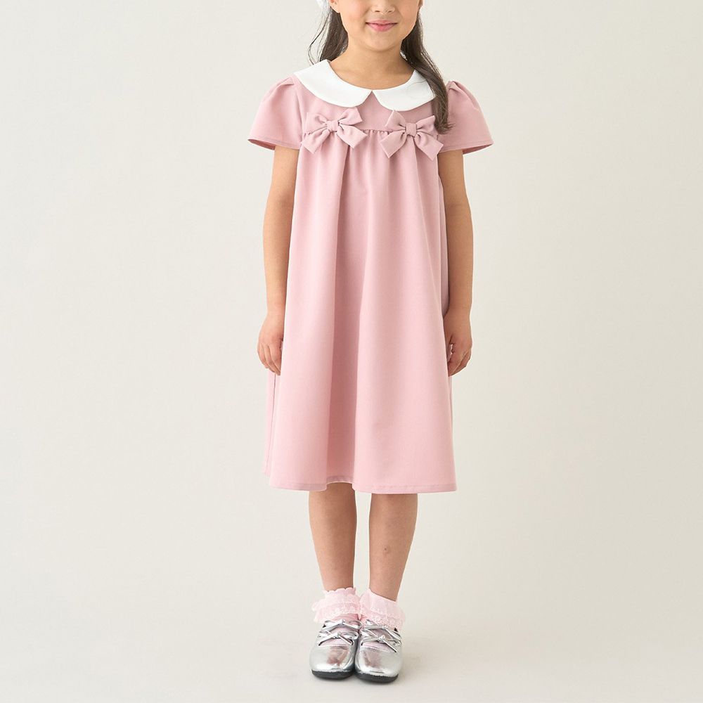 優雅正式感圓領胸前緞帶短袖洋裝-粉紅