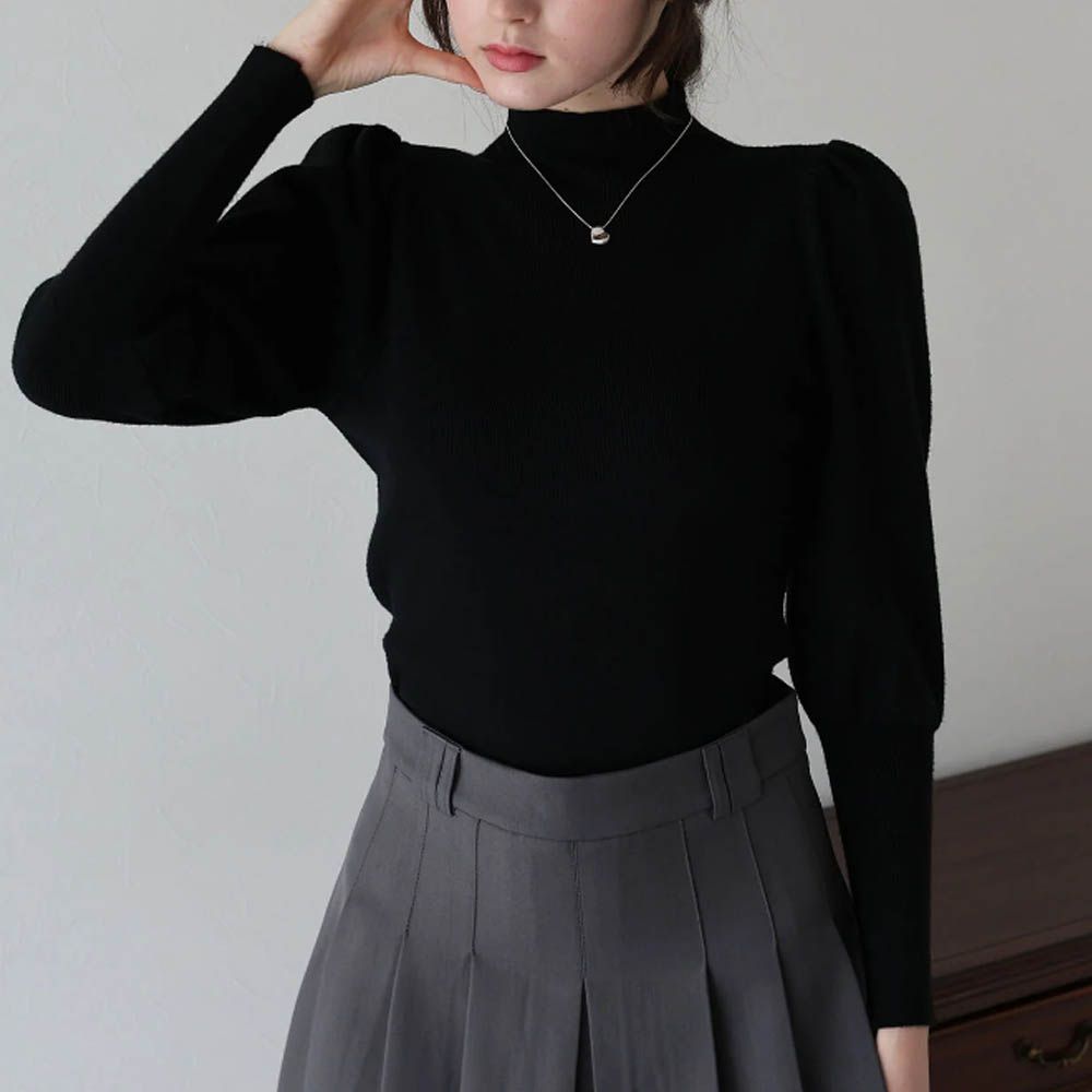 宮廷風百搭針織微高領長袖上衣-黑