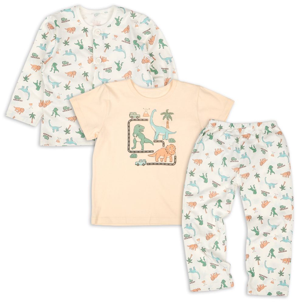 雙上衣家居服(短袖/長袖)-恐龍-淺卡其色