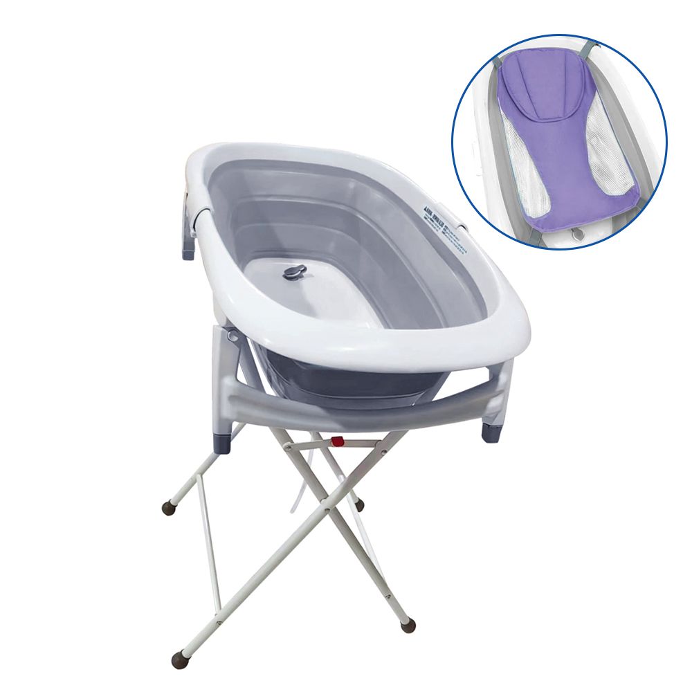 折疊嬰幼兒浴盆附浴盆架+沐浴網-灰紫