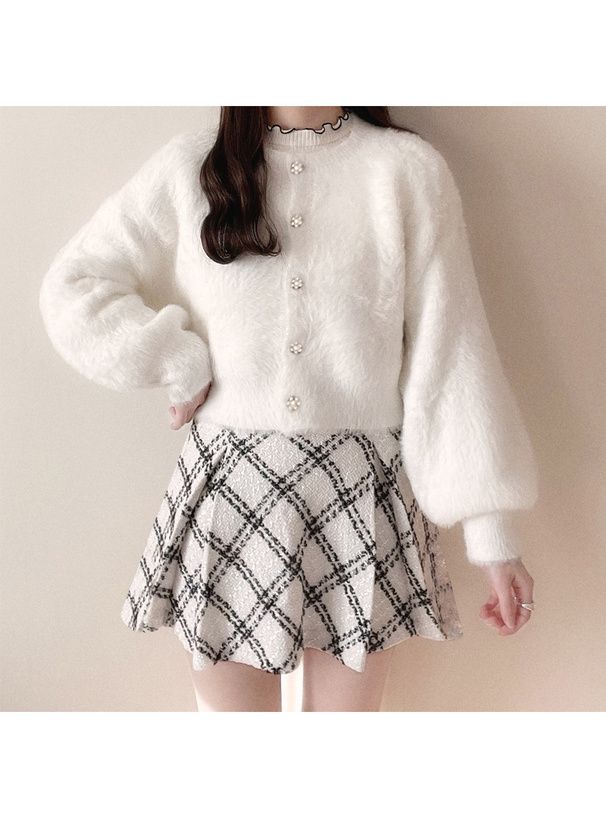 日本 GRL - 花朵珍珠釦毛絨外套-奶茶灰 (F)