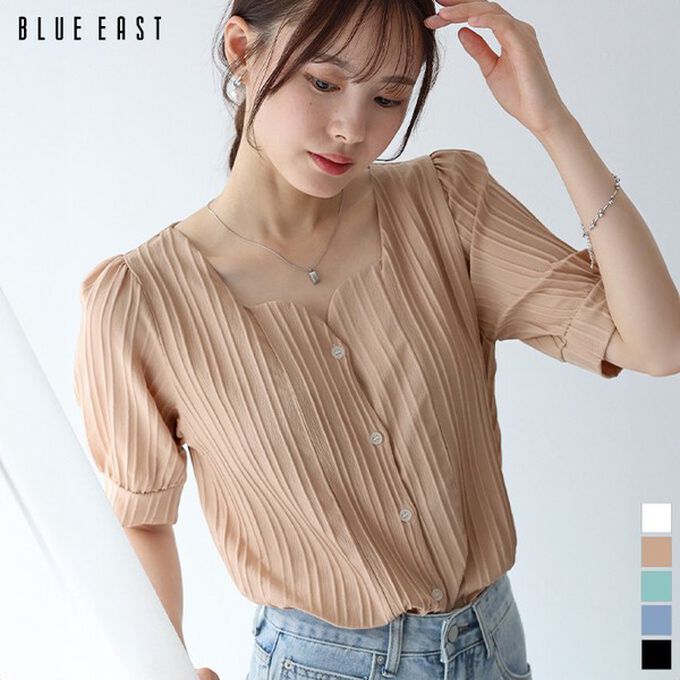 日本 BLUE EAST - 韓國製 心型領細緻泡泡短袖襯衫-粉卡其