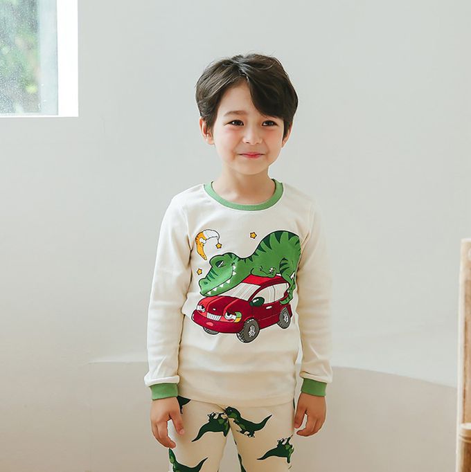 正韓 Puco - 超優質嬰幼兒/兒童長袖100% 有機純棉家居服/睡衣-恐龍與車