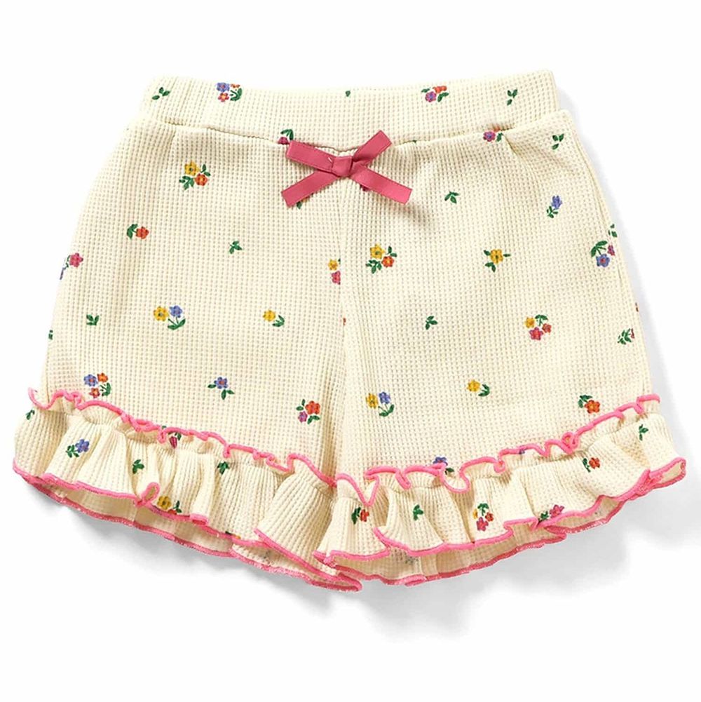 華夫格QQ荷葉短褲-小花朵-奶油米