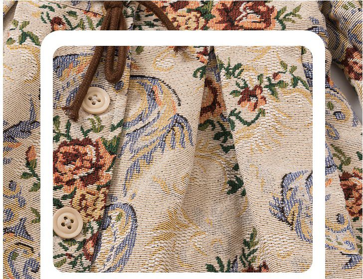 復古油畫風長版外套-花花-奶咖啡色