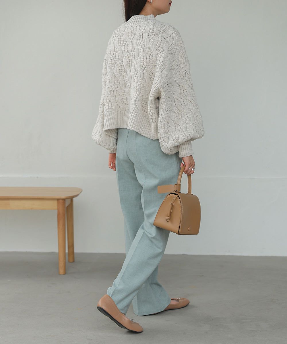 日本 Bab - 麻花編織圓領泡泡袖毛衣-粉膚