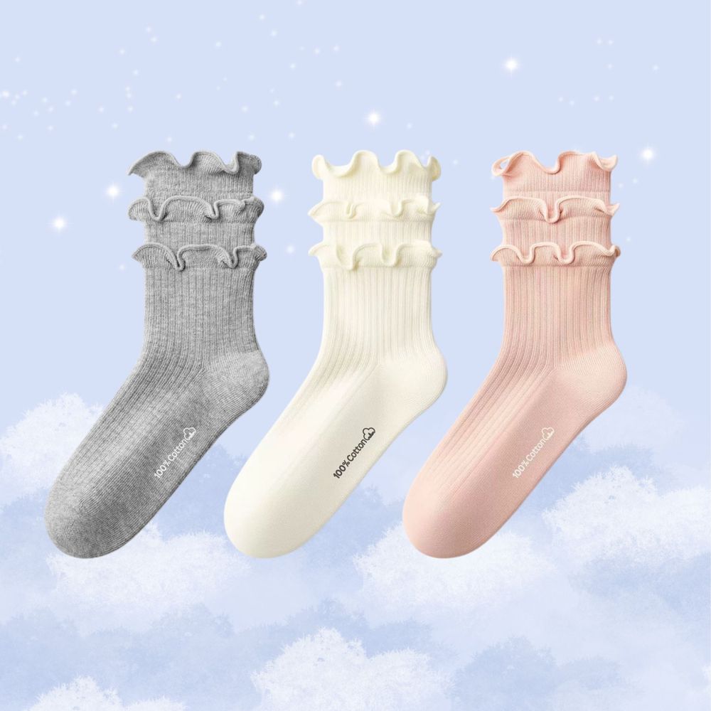 氣質粉嫩系木耳波浪邊純棉中筒棉襪-3 雙一組