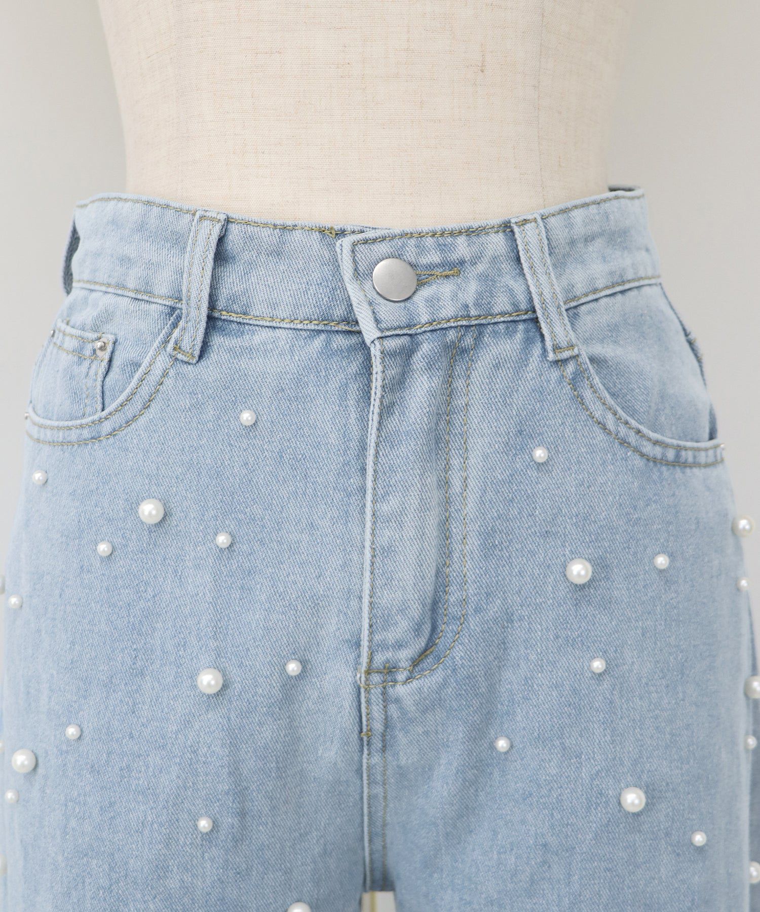 日本 BLUE EAST - 熱銷款 時尚珍珠點綴牛仔褲-A款-靛藍