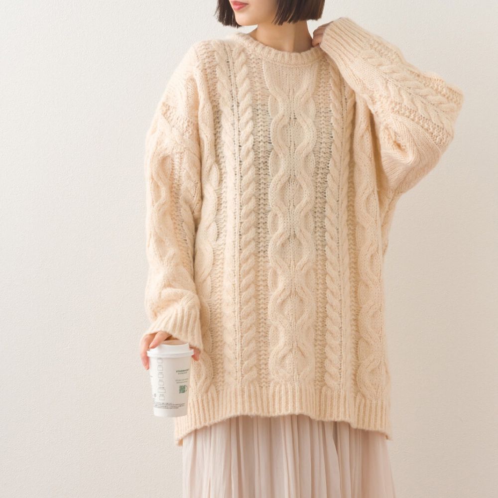 季節感麻花編蓬鬆感針織上衣-米杏