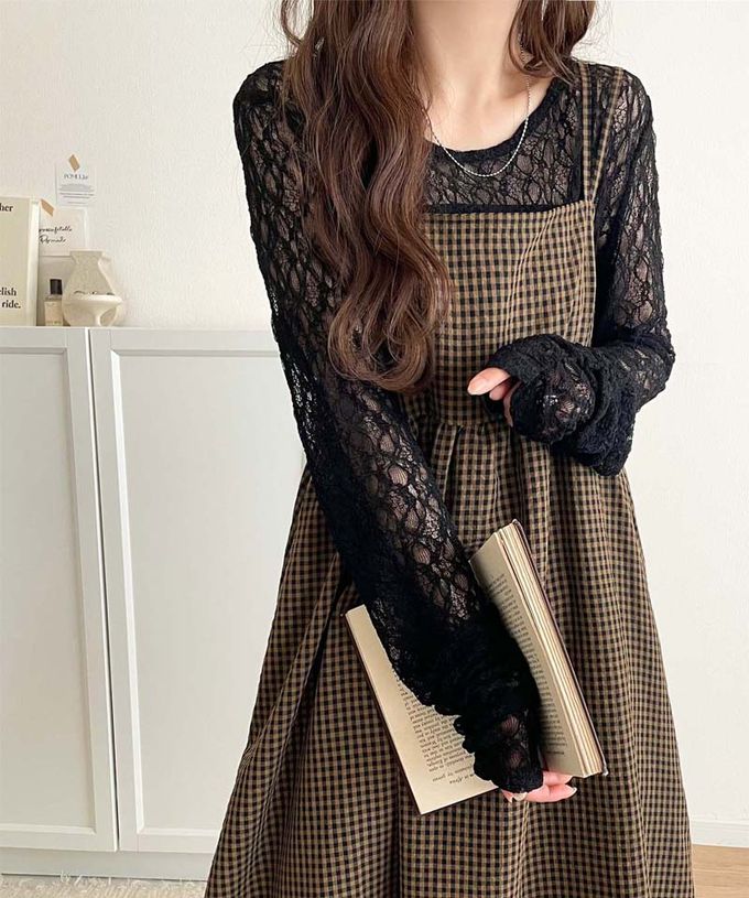 日本 Classical Elf - 成熟可愛感後綁帶吊帶洋裝-格子-咖啡