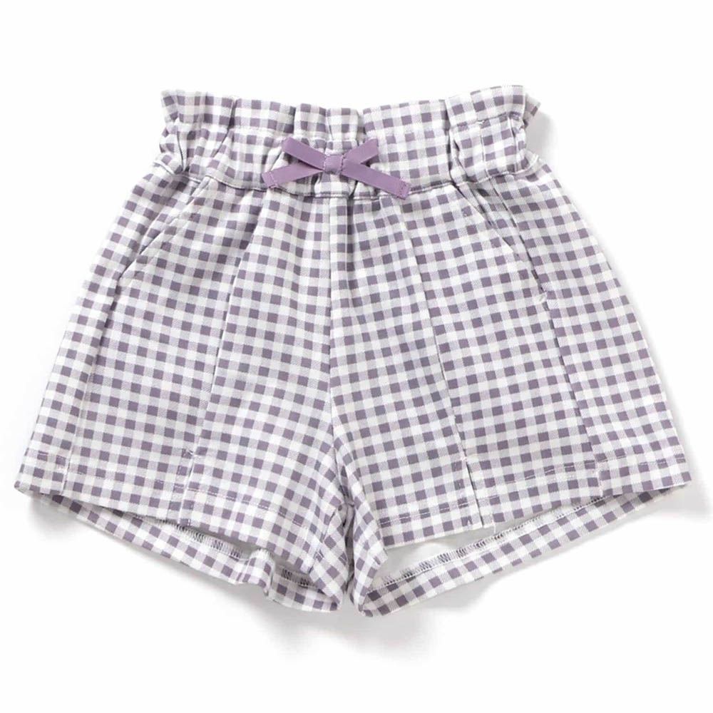 腰蝴蝶結優雅摺線短褲-格子-紫x白