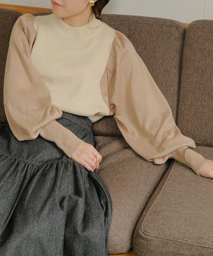 日本 Bou Jeloud - 細針織拼接泡泡袖上衣-淺卡其