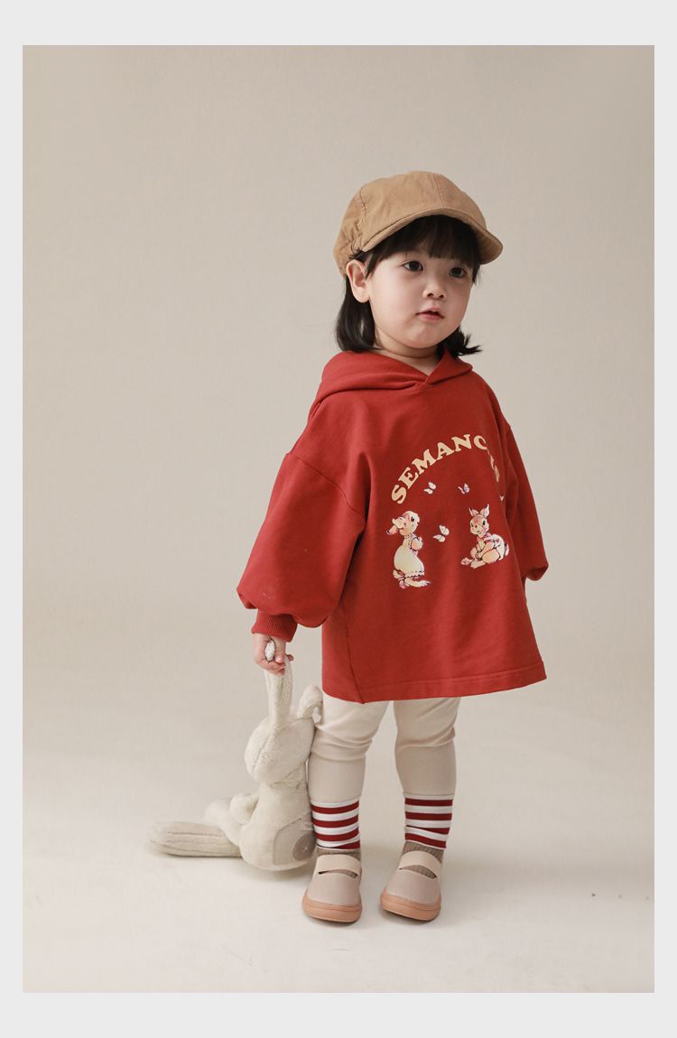 連帽寬鬆長袖帽T-可愛兔兔-紅色