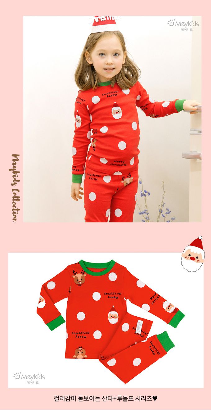 韓國 Maykids - 無螢光30支棉長袖家居服-雪點聖誕節-紅