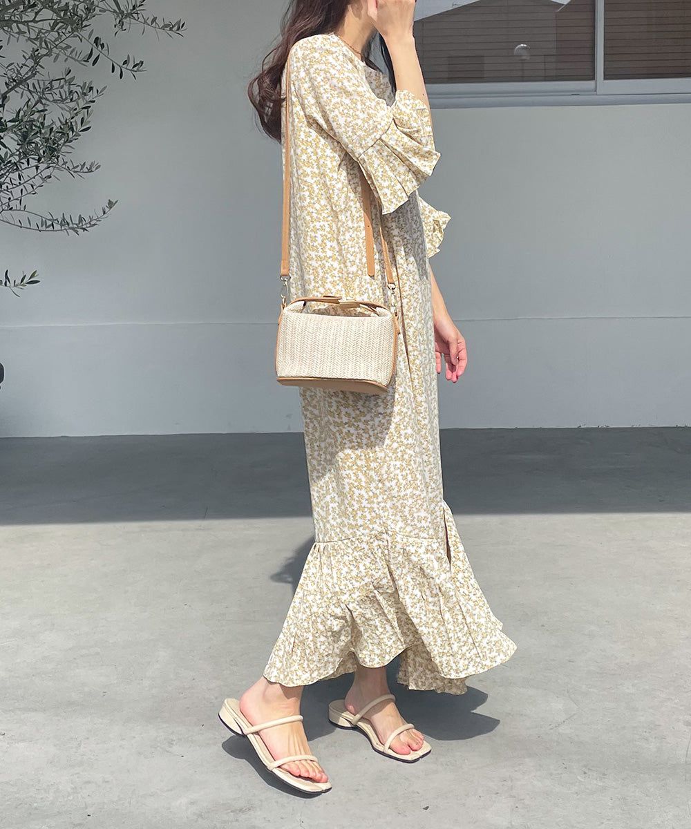 日本 Bab - 圓領碎花糖果袖洋裝-奶油白