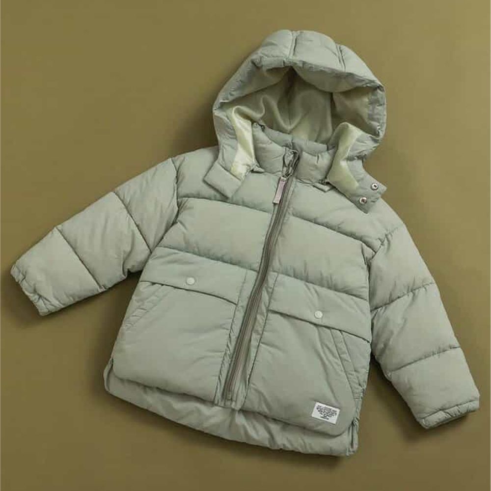 [可機洗]蓬鬆輕盈時尚連帽保暖外套-橄欖綠