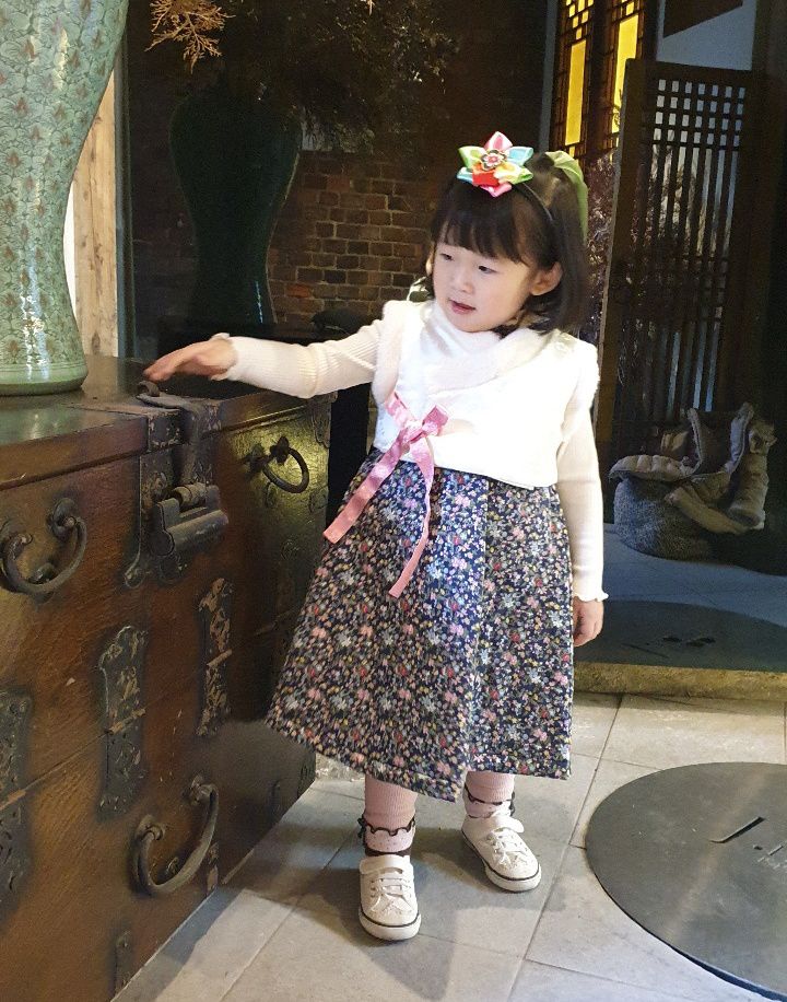 韓國 Dalla - 兩件式生活韓服-棉襖背心+深藍碎花洋裝(不含髮飾)