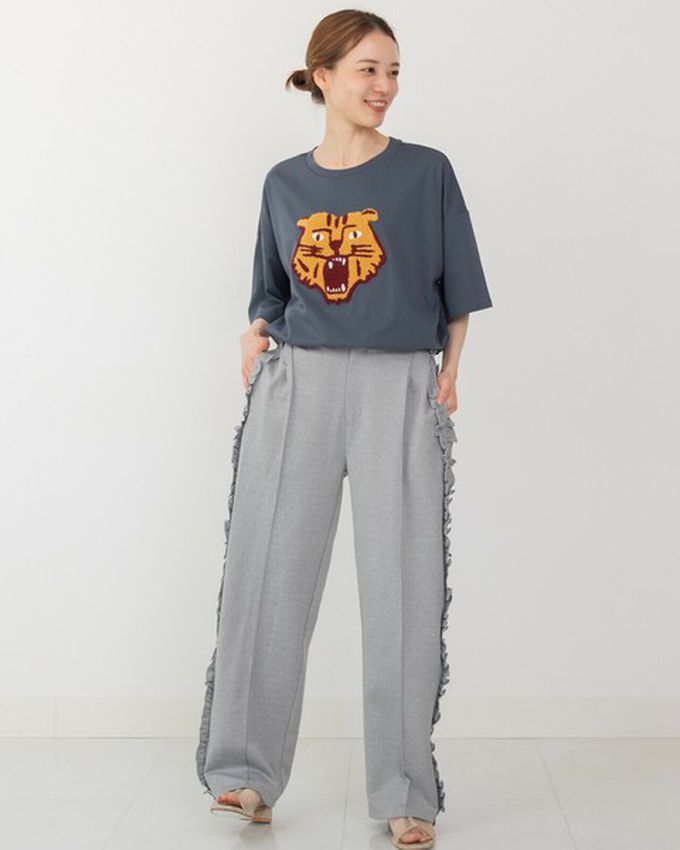 日本 gleam - 逗趣老虎相良刺繡寬大風短袖T恤-黃老虎-靛藍