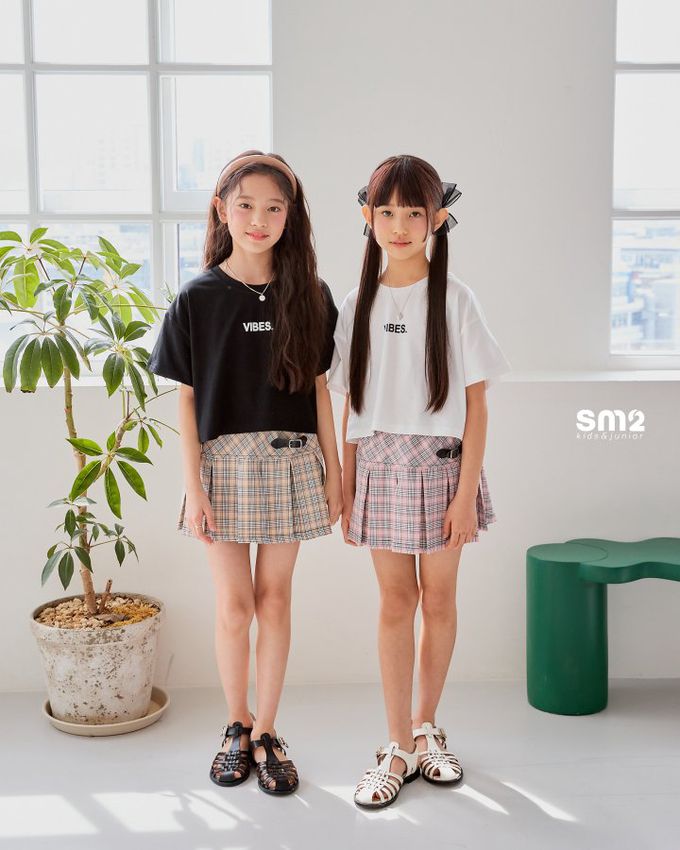 韓國 sm2 - 學院格紋扣帶裝飾百褶裙-粉