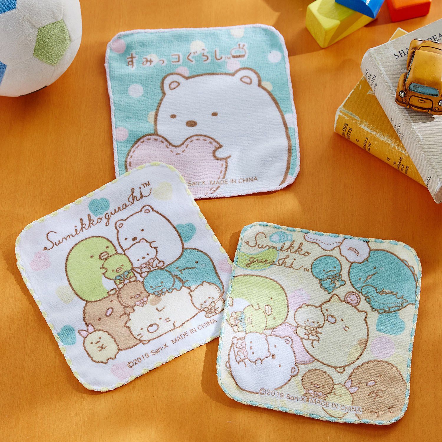 日本千趣會 - 角落生物 純棉吸水擦手巾/手帕3件組-一起玩 (16x16cm)