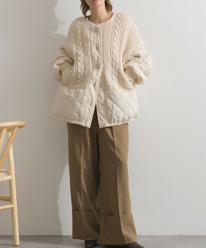 日本 Lupilien - 立體麻花絎縫拼接無領保暖外套-軍綠