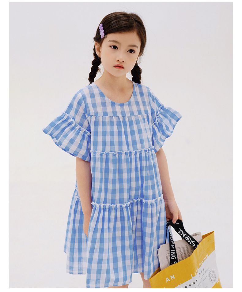 夏日風情拼接蛋糕裙洋裝-藍白格紋