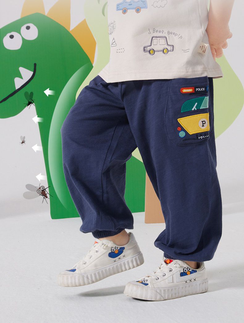 純棉束口長褲/防蚊褲-車車-杏色