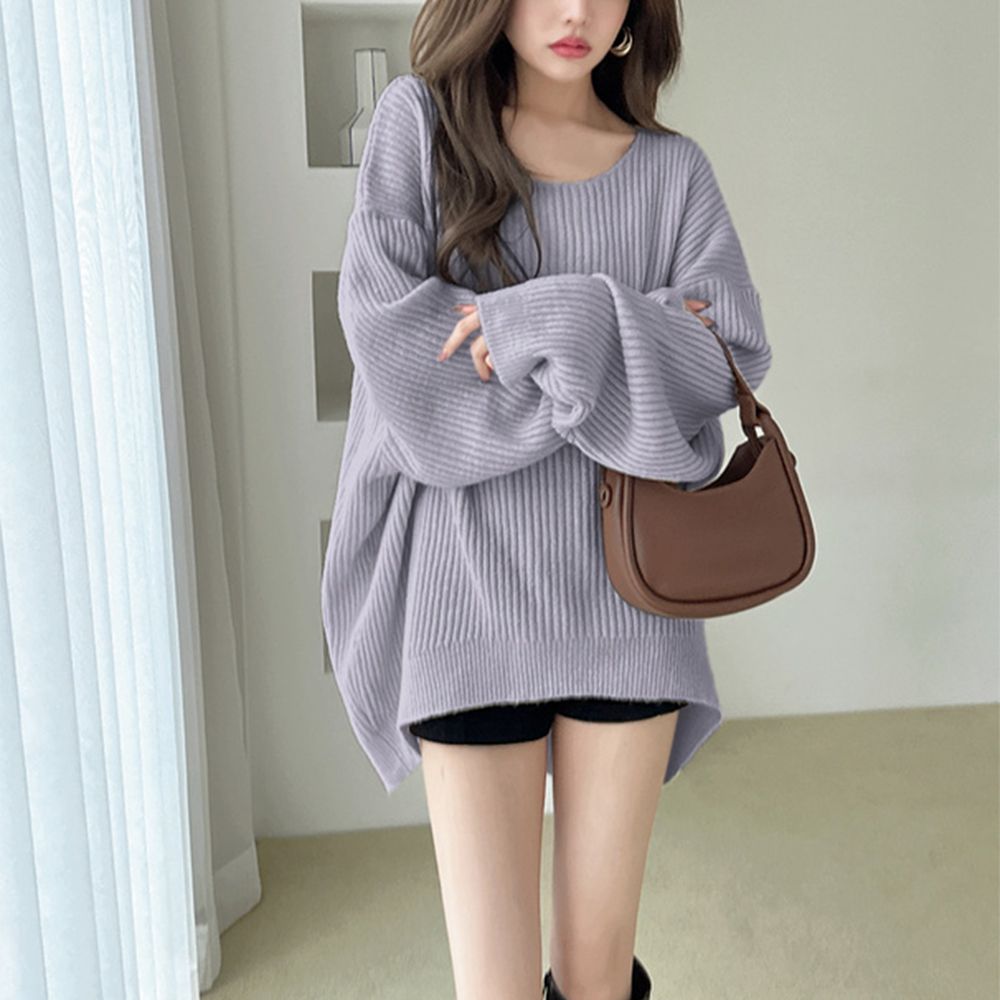 熱銷款 大圓領羅紋修身針織上衣-薰衣草 (F)