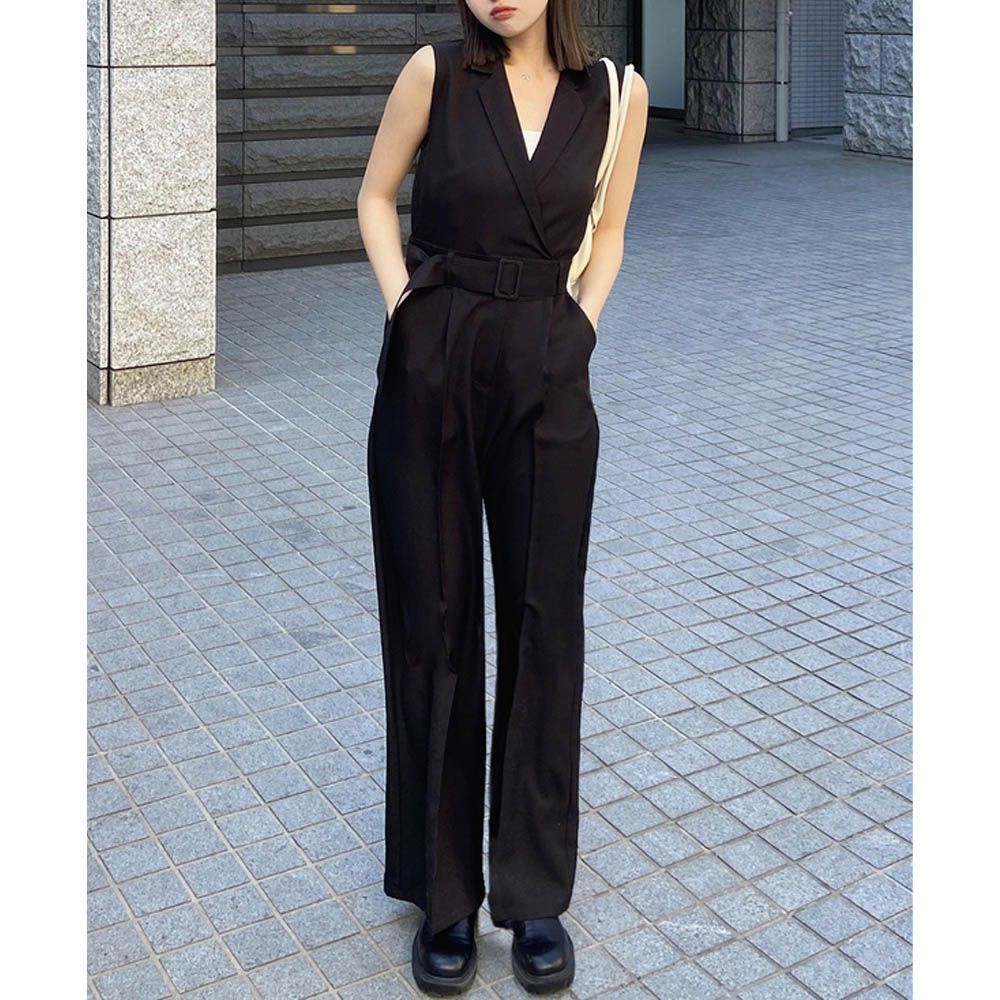 時尚長腿V領腰帶連身褲-黑