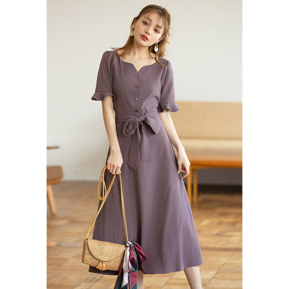 日本 GRL - 美背露腰蝴蝶結綁帶短袖洋裝-葡萄紫