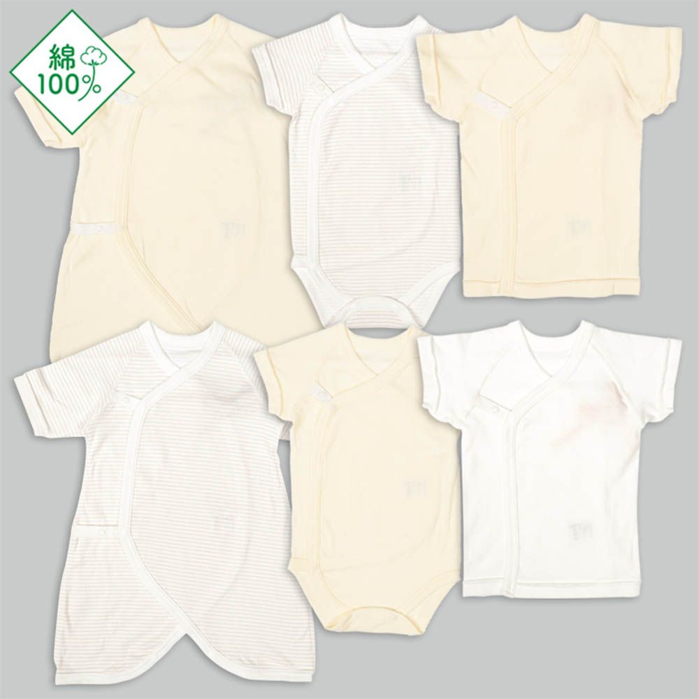 新生兒內衣6件組按扣款短袖7分袖-橫紋-象牙白色 (50~60cm)