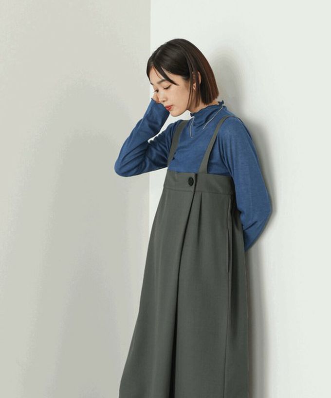 日本 Bab - 斜紋布優雅摺線工裝風吊帶裙-黑