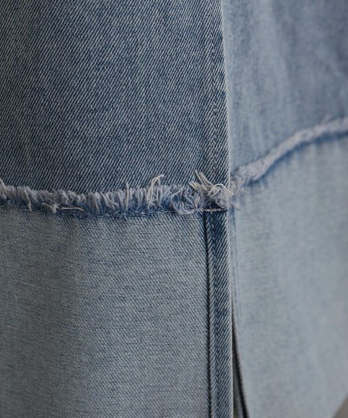 日本 ELENCARE DUE - 10oz抽鬚摺邊俐落前開叉牛仔長裙-海軍藍