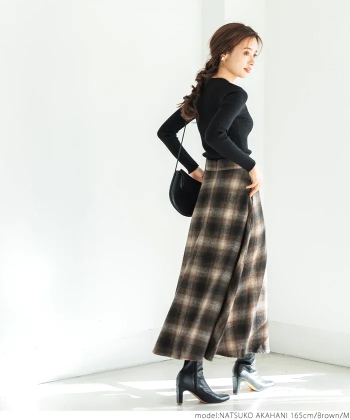 日本 COCA - 氣質歐風格紋修身長裙-暖橘藍