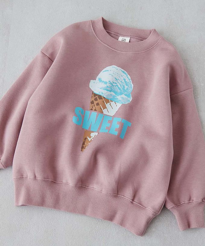 日本 devirock - 裏起毛女孩印花大學T-鬆餅-紫丁香