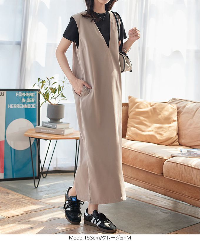 日本 Kobe Lettuce - 俐落精緻深V修長連身洋裝-(可選長度)-黑