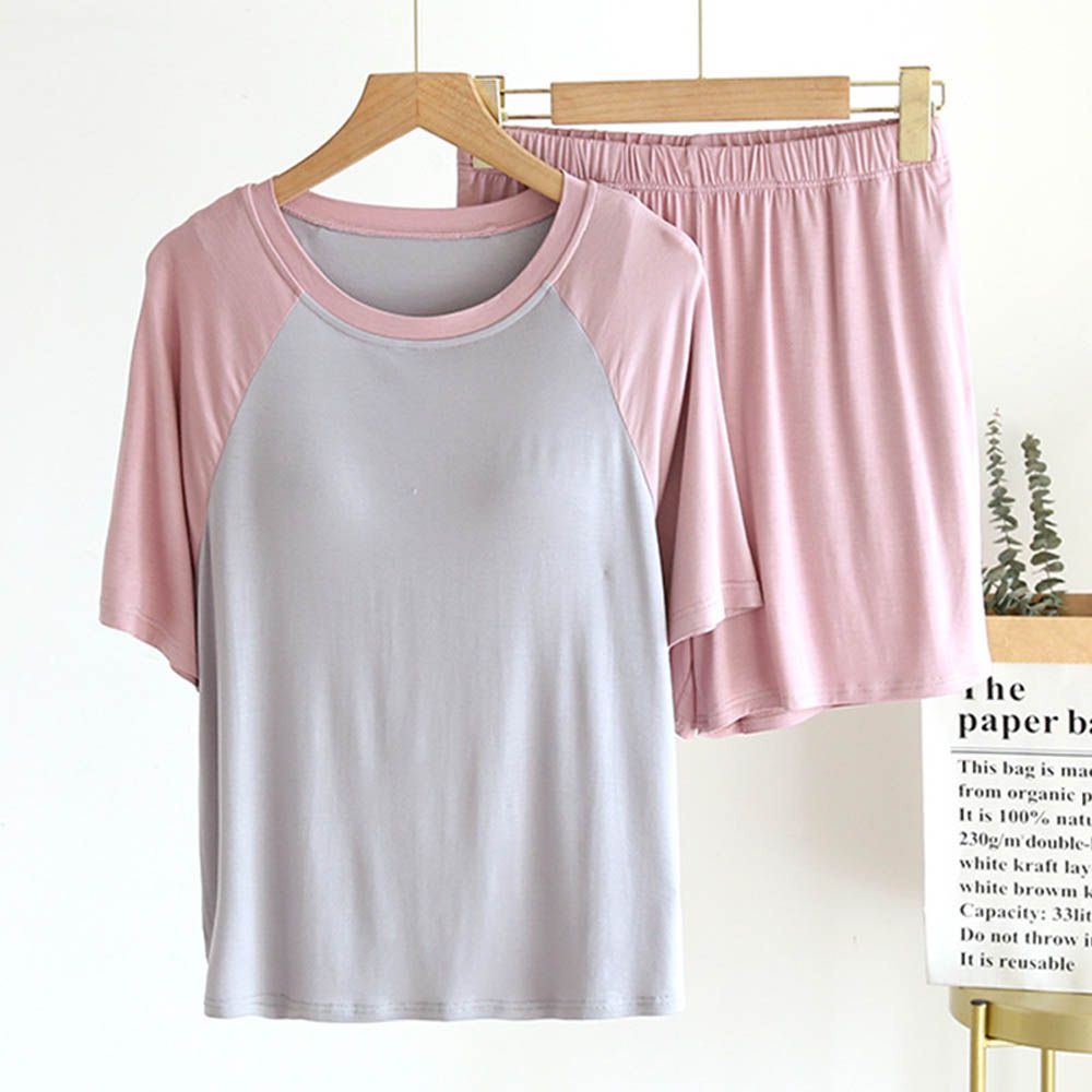 莫代爾涼感Bra T家居服短袖套裝-拼色袖-淺灰