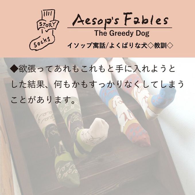 日本女裝代購 - 日本製 伊索寓言印花長襪-貪心的狗-灰x綠 (23-25cm)